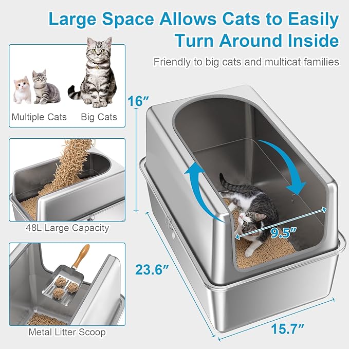 16'' High Sides XXXL All Stainless Steel Cat Litter Box with Lid,8'' Deep Metal Litter Box for Big Cats,Extra Large Litter Boxes with High Wall Enclosure,Anti-Leakage,Never Absorbs Odors,Non-Sticky-PawvioPets