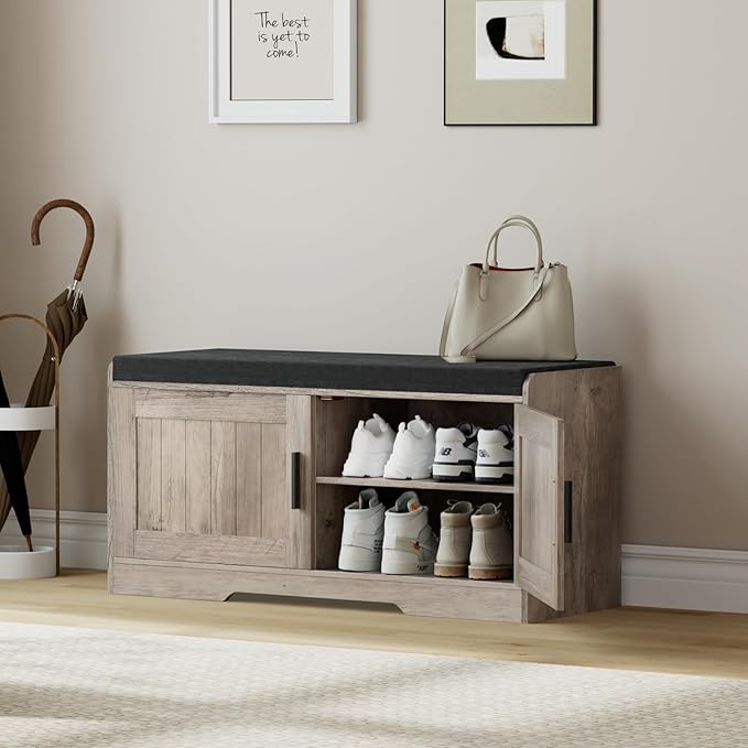 2-Tier Storage Bench, Shoe Bench with Thickened Padded Seat Cushion, Entryway Bench with 2 Doors, Adjustable Shelf, 13.8" D x 37.4" W x 18.5" H, for Entryway, Living Room, Bedroom, Greige-PawvioPets