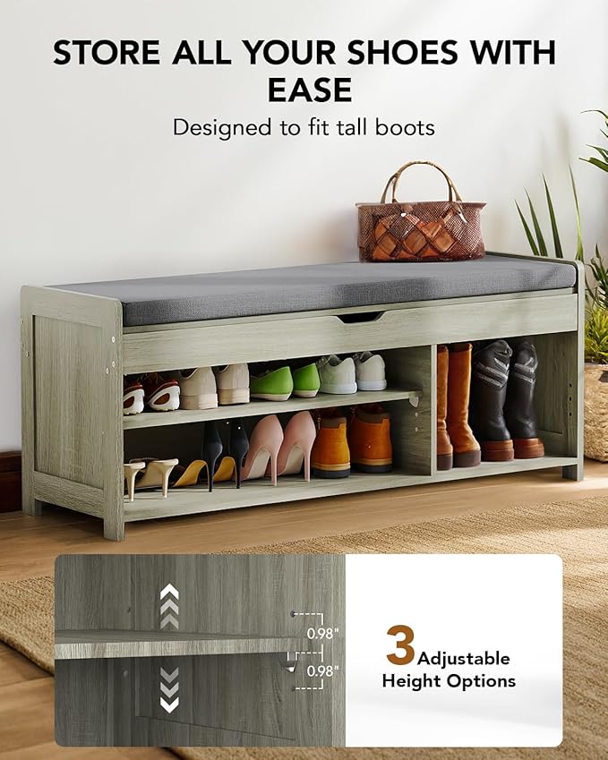 Amada Shoe Bench, Entryway Bench with Cushioned Seat & Lift Top Storage, 3 Doors, Adjustable Shelf, 300 lbs Capacity, Storage Bench with Shoe Rack for Entryway, Bedroom, Living Room, Gray-PawvioPets