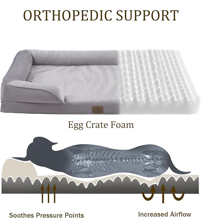 Bedfolks Orthopedic Dog Bed, Waterproof Dog Sofa Bed for Extra Large Dogs, Egg Foam Pet Couch Bed with Removable Washable Cover and Nonslip Bottom, Light Grey-PawvioPets
