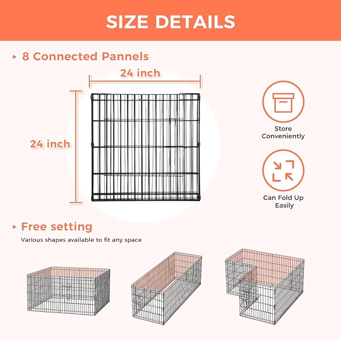Foldable Dog Playpen 24" Height 8 Panels Metal Exercise Pen No Door - Indoor/Outdoor Puppy Playpen for Small Dogs, Portable Pet Fence for Yard Garden Camping, Black-PawvioPets