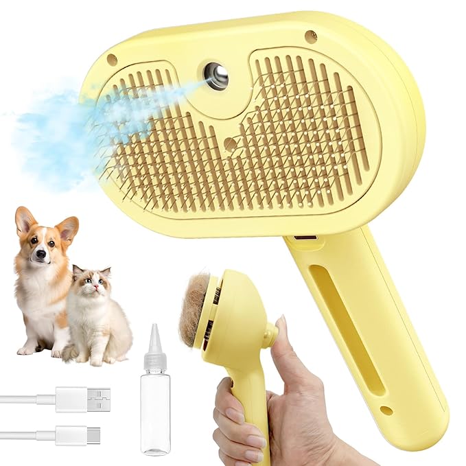 3 In 1 Self-Cleaning Steamy Brush for Pet Grooming - Anti-Static Flying Hair Spray, Removes Loose Hair and Reduces Shedding for Long and Short Fur, Yellow-PawvioPets