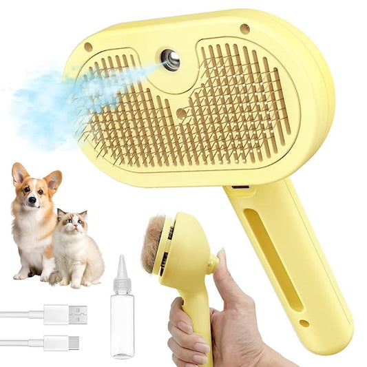 3 In 1 Self-Cleaning Steamy Brush for Pet Grooming - Anti-Static Flying Hair Spray, Removes Loose Hair and Reduces Shedding for Long and Short Fur, Yellow-PawvioPets