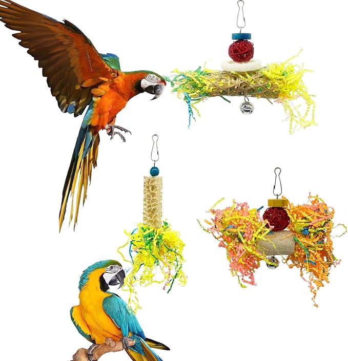 EBaokuup Bird Parrots Shredding Toys Parakeet Chewing Toys Bird Loofah Toys Parrot Cage Shredder Toys Bird Foraging Hanging Toys Bird Accessories for Parrots Lovebird Cockatiel Conure African Grey-PawvioPets