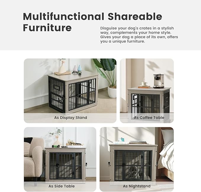 Gardner Pet Dog Crate Furniture for Medium Dogs, 38.8 Inch Dog Kennel Indoor, Wooden Dog Cage End Table with 2 Removable Bowls, Heavy Duty Dog Crate, Rustic Grey-PawvioPets
