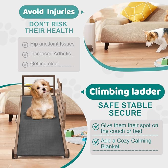 Dog Ramp for Bed, Adjustable Pet Ramps for Dog to Get on Bed, Non-Slip Rubber Surface - Folding Wooden Dog Ramp for Small/Large/Old Dogs, Adjustable up to 31 inch High Beds, Safety Railings-PawvioPets