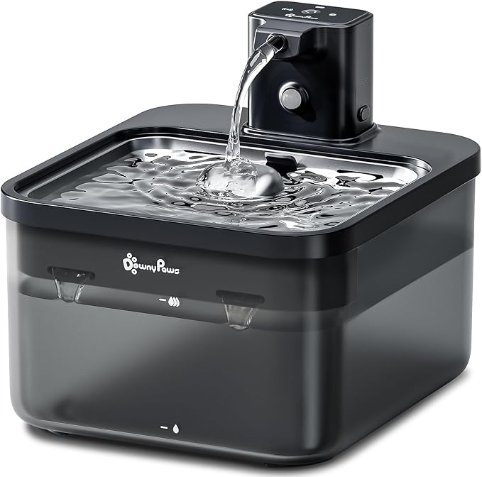 DownyPaws Cat Water Fountain Stainless Steel Cordless, 84oz/2.5L Fursink Wireless Pet Water Fountains for Cats Indoor, Battery Operated Cat Drinking Fountain, Ultra Quiet Pump, BPA-Free, Black-PawvioPets