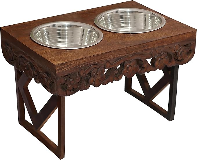 Elevated Pet Feeder for Dogs and Cats - The Bali Carved Wood Pet Feeding Stand with Two Stainless Steel Bowls - Three Heights Adjustable Raised Dog Bowl - Food Water Pet Feeding Station - IRONGATE-PawvioPets