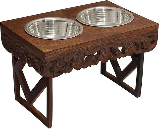 Elevated Pet Feeder for Dogs and Cats - The Bali Carved Wood Pet Feeding Stand with Two Stainless Steel Bowls - Three Heights Adjustable Raised Dog Bowl - Food Water Pet Feeding Station - IRONGATE-PawvioPets