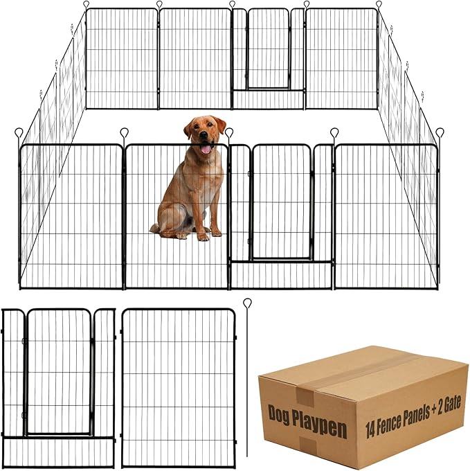 Dog Playpen,24 32 40 48 in(H) Pet Fence Outdoor for Rv Camping,Garden Fence Large Animal Barrie for Yard,11Ft(L)-56Ft(L) Black Metal Temporary Fencing-PawvioPets