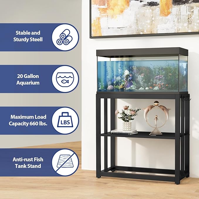 30.7" W x 13" Inch for 20-29 Gallon Long Fish Tank Stand With Storage Shelf, Aquarium Stand With Hooks,Heavy Duty Metal Turtle Reptile Tank Stand, Easy Assemble-PawvioPets