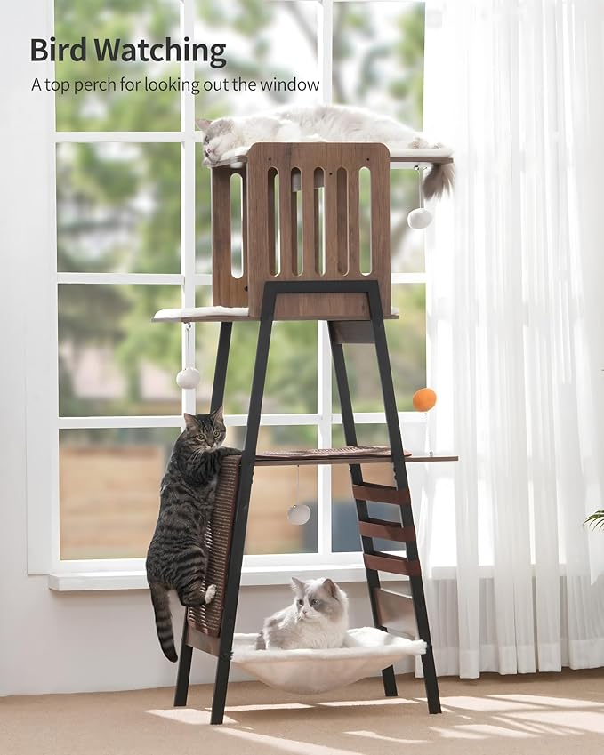 FourFurPets Modern Cat Tree, 58-Inch Cat Tower for Large Cats, Maine Coon Cat Tree with Scratching Board, Large Perch, Hammock and Removable Pads, Greige-PawvioPets