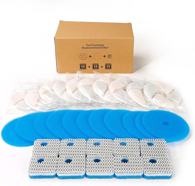 10 Set Cat Water Fountain Filter Replacement for Square 2.2L/73oz Stainless Steel Cat Fountain, ZEKIRY Pet Fountain Filter, Triple Filtration Replacement Filters(10 Filter, 10 Sponge, 10 8D Sponge)-PawvioPets