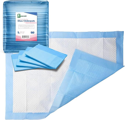 Emerald Incontinence Underpads, 50 Pads, Waterproof Plastic Backing, Highly Absorbent Cotton Fluff, Non-Skid, for Bedwetting, Pets, Seniors-PawvioPets