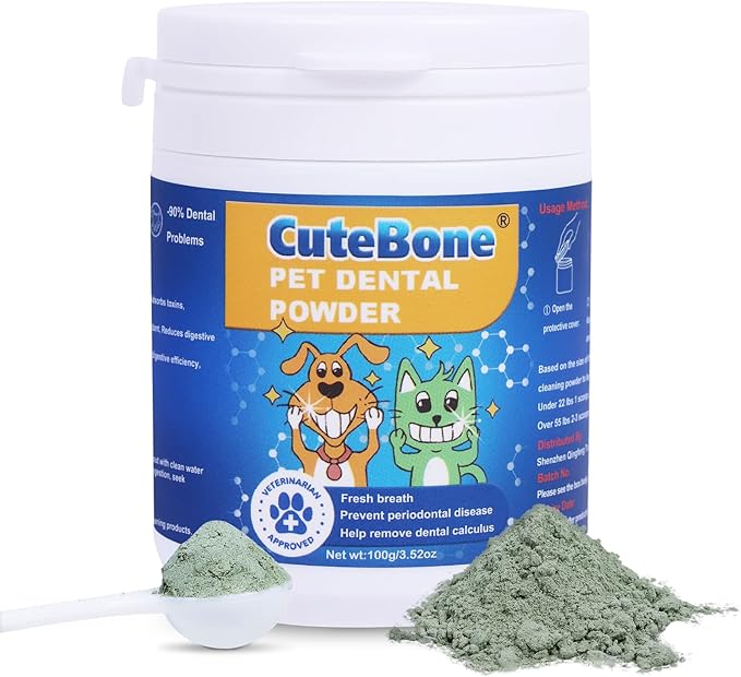 CuteBone Dog Teeth Cleaning Powder - Dog Dental Powder Pet Breath Freshener - Safe & Effective Natural Oral Care Formula Reduces Plaque & Tartar Promotes Healthy Gums Easy-to-Use for Dogs & Cats-PawvioPets