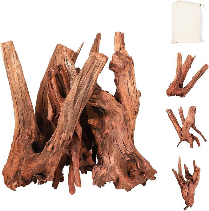 Driftwood for Aquarium Natural Aquarium Wood for Aquascaping Fish Tank Decorations Reptile Tank Decor (Natural Driftwood 6-10" (Pack of 3)+Protein Cotton)-PawvioPets