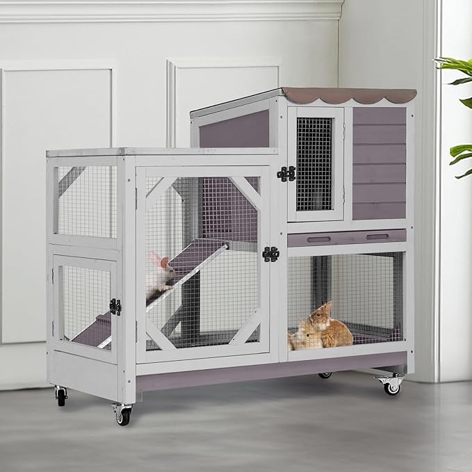AIVITUVIN 2-Story Rabbit Hutch Indoor for 2-4 Rabbits & Guinea Pigs Wooden Small Animal Cage Guinea with Chew-Proof Design & Slide-Out Trays Bunny Cage with Lockable Wheels-PawvioPets