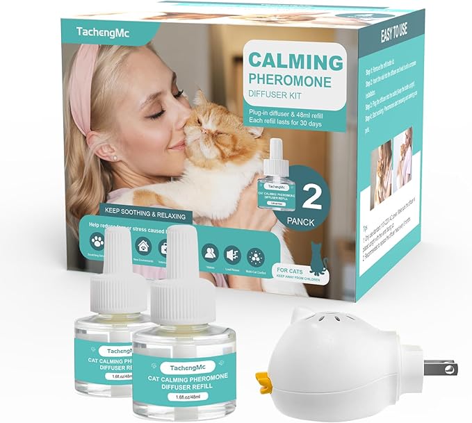 Cat Calming Diffuser, Cat Pheromones Calming Diffuser with 1 Diffuser + 2 Refills 48ml, Cat Anxiety Relief Cat Pheromone Diffuser Kit 60 Days, Pheromone Diffuser to Calm Cats-PawvioPets