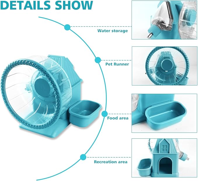 4 in 1 Silent Large Hamster Wheel Multifunctional Hamster Running Wheel Quite Running Spinner Wheel Accessories with Food Bowl Water Bottle for Hamsters Dwarf Gerbil (Blue)-PawvioPets