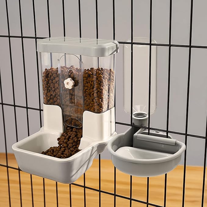 Automatic Pet Food Water Dispenser, Auto Gravity Pet Feeder Water Bottle Set for Crate, Feeding Station for Small Dog Cat Rabbit Guinea Pigs Chinchilla Ferret Hedgehog (Gray)-PawvioPets