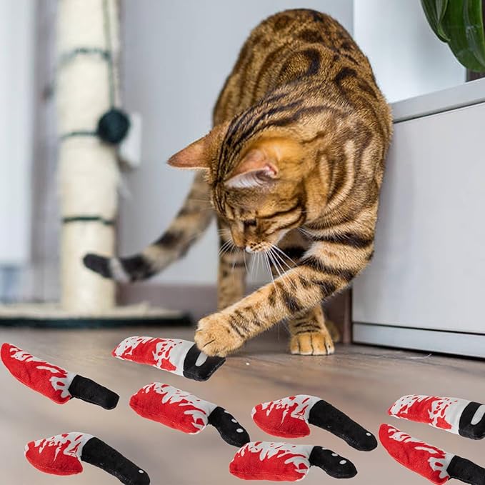 8pcs Catnip Toy, Indoor Knife Shaped Cat Toy Horror Plush Interactive Chew Bite Toys for Halloween Christmas Cat Kitten Indoor Festive Holiday Cat Lover Gift-PawvioPets