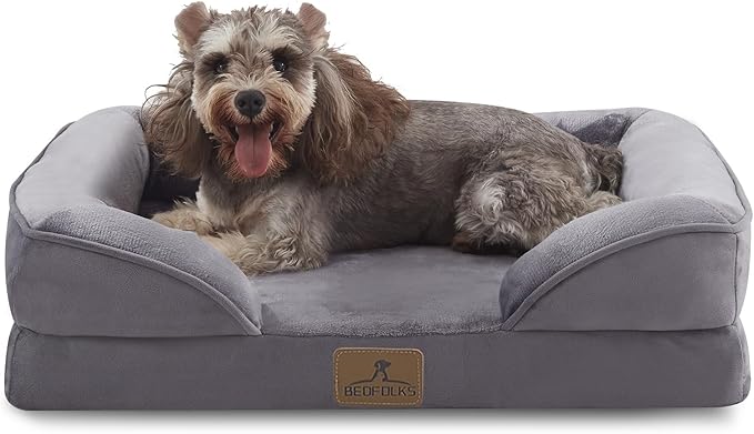 Bedfolks Orthopedic Dog Bed, Waterproof Dog Sofa Bed for Small Dogs & Cats, Egg Foam Pet Couch Bed with Removable Washable Cover and Nonslip Bottom, Dark Grey-PawvioPets