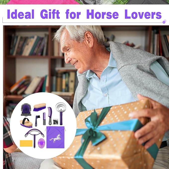 Abbylike 12 Pieces Horse Grooming Kit Racing Festival Tack Room Supplies Horse Brush Sets Equine Care Cleaning Kit Shedding Grooming Massaging Tools(Gray and Purple)-PawvioPets