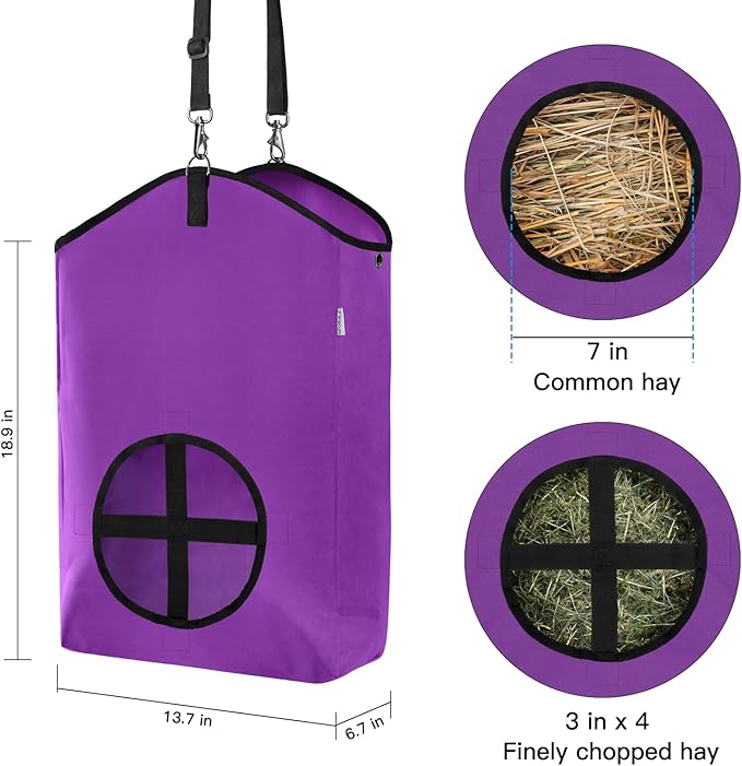 3 Packs Goat Hay Feeder,Hay Bags for Goats,Horses,Sheep,Premium 600D Oxford Cloth,with Metal Fastener and Adjustable Open Feed Hole for Slow Feeding. (2Purple + 1Black)-PawvioPets