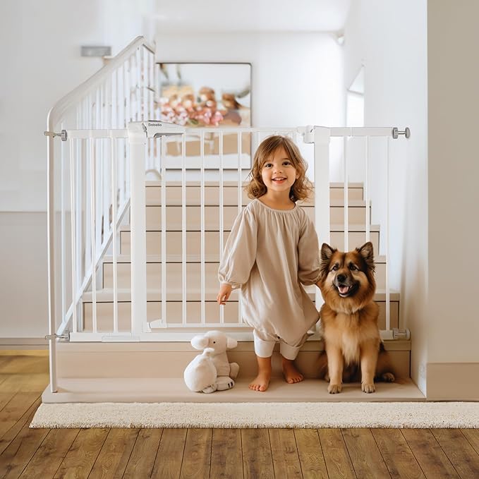 Babelio Metal Baby Gate, 29-48“ Auto Close Easy Install Pet Gate, Extra Wide Walk Thru Child Safety Gate, Pressure Mounted Dog Gate for Doorways & Stairs, with Y Spindle Rods, White-PawvioPets