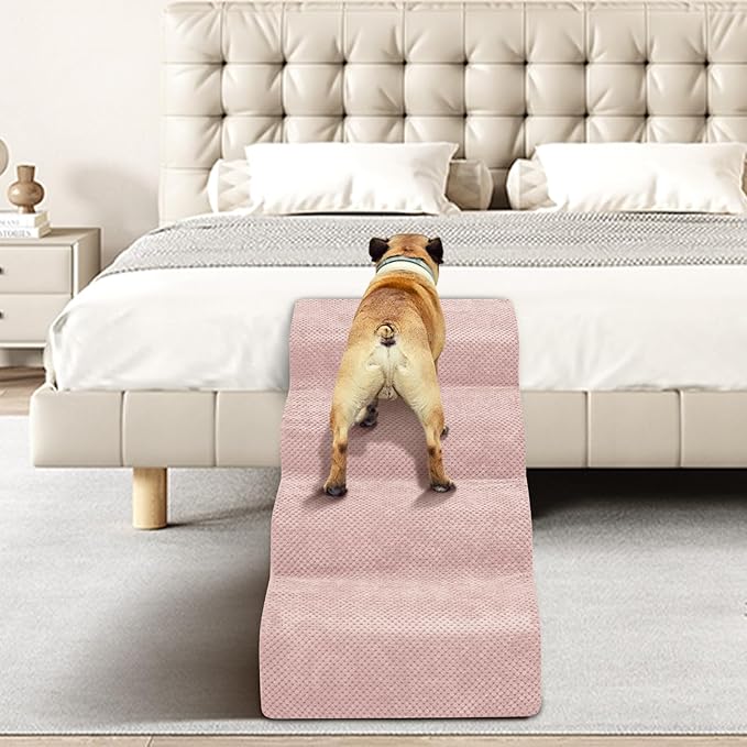 Dog Stairs for Small Dogs - High Density Foam Pet Steps, Extra Wide Dog Ramp with Non-Slip Bottom for High Beds, Couch and Sofa, Best for Dogs Injured, Older Doggy Cats,4 Stpes, Pink-PawvioPets
