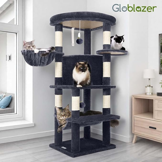 Globlazer Corner Cat Tree Tower for Indoor Cats, 51in Multi-Level Cat Condo Tower with Large Hammock, 7 Sisal Scratching Posts, Oversized Top Perch, Spacious Cat Cave, Hanging Basket, C51, Dark Grey-PawvioPets