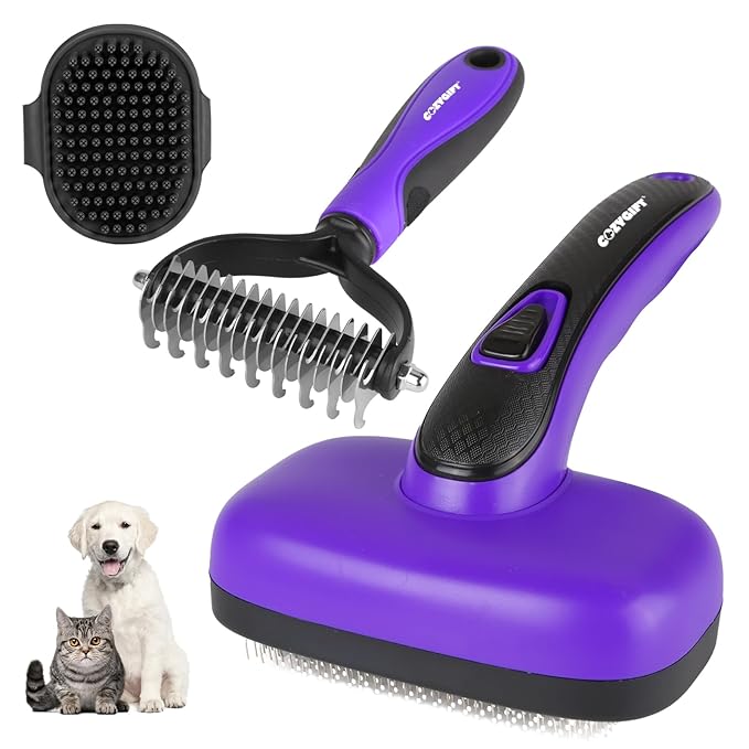 Dog Brush Kit – 3 PCS Grooming Set with Self-Cleaning Brush, Undercoat Rake & Pet Bath Brush. Great for Shedding, Tangles & Dirt Removal – Ideal for Long & Short Haired Dogs & Cats, Purple-PawvioPets