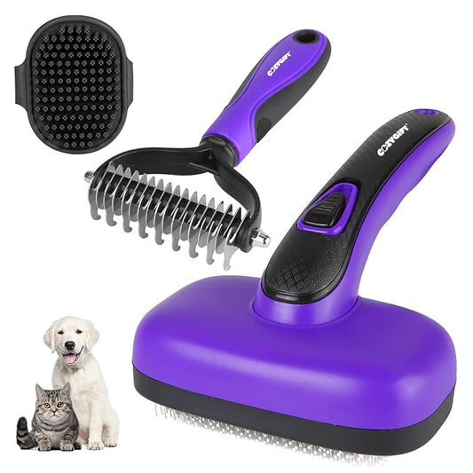 Dog Brush Kit – 3 PCS Grooming Set with Self-Cleaning Brush, Undercoat Rake & Pet Bath Brush. Great for Shedding, Tangles & Dirt Removal – Ideal for Long & Short Haired Dogs & Cats, Purple-PawvioPets
