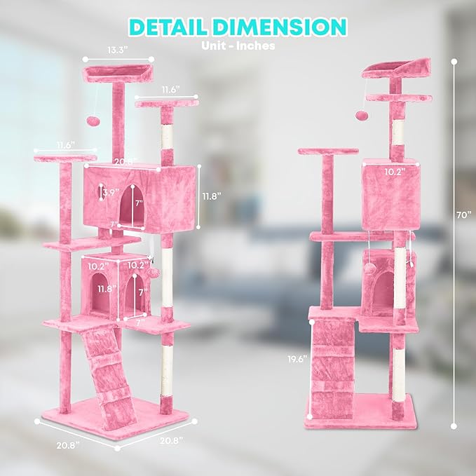FDW Cat Tree 70in Cat Tower Multi-Level Durable Cat Scratching Post & Cozy Fun Cat Jumping Platform Space Saving Cat Condo Pet Play House for Indoor Cats,Pink-PawvioPets