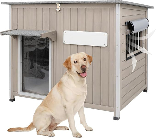 Dog House Outdoor Weatherproof & Wooden Dog Kennel with Chew-Proof Iron Frame，Removable Floor, Adjustable Vent Window, Easy Assembly for Large and Medium Dogs 43.3" D x 29.5" W x 33.5" H-PawvioPets