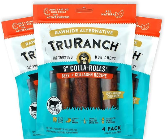 Collagen Rolls - 6" Collagen Rolls for Dogs - Long Lasting Healthy Joint Support - Rawhide Alternative - Skin & Coat Health - Made with Real Beef, Value Pack, 3 Bags, 12 Count-PawvioPets