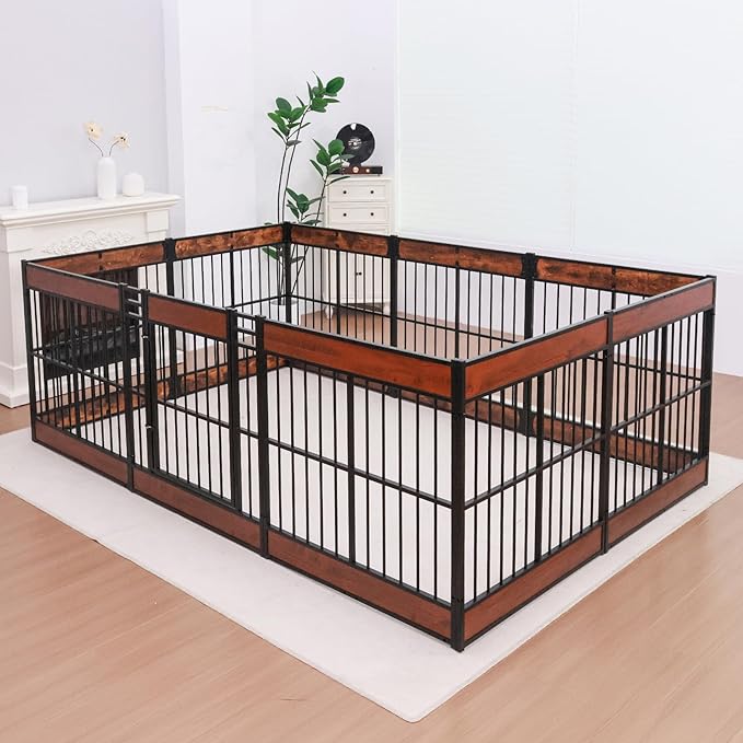 Dog Playpen, 35.4" Height Dog Pen Indoor, Heavy Duty, Safe and Sturdy, Furniture Style Puppy Pen (12 Panels (35.4" High), Mahogany)-PawvioPets