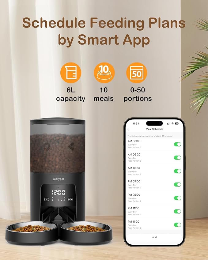 Automatic Cat Feeder 2 Cats - 5G WiFi Pet Feeder with APP Control, 6L Dry Food Dog Feeder with Blockage Alarms, 1-10 Meals Per Day-PawvioPets