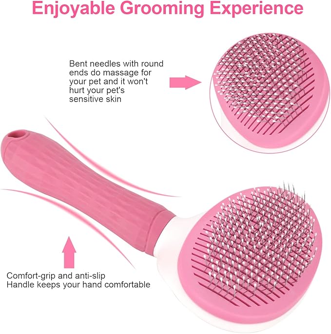 Depets Self Cleaning Slicker Brush, Dog Cat Bunny Pet Grooming Shedding Brush - Easy to Remove Loose Undercoat, Pet Massaging Tool Suitable for Pets with Long or Short Hair Pink-PawvioPets