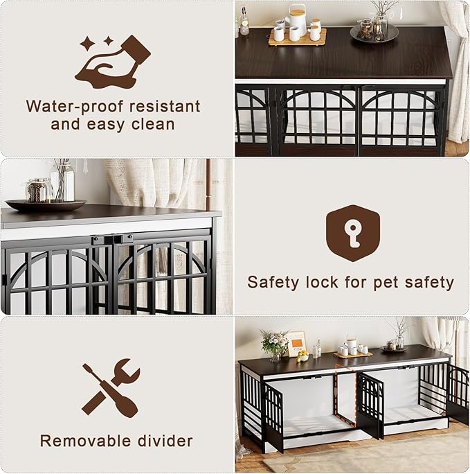 COZPAW 86 Inch Double Dog Crate Furniture for 2 Large Dogs, Decorative Dog Kennel Indoor TV Stand, Heavy Duty Wooden Dog Cage for Large Medium Dogs Sized Dog Pet House with Divider (White)-PawvioPets