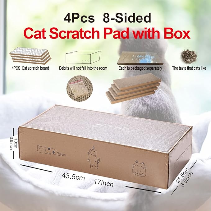 4 Packs in 1 Cat Scratch Pad with Box, Cat Scratcher Cardboard,Reversible,Durable Recyclable Cardboard, Suitable for Cats to Rest, Grind Claws and Play with Scratch Box-PawvioPets