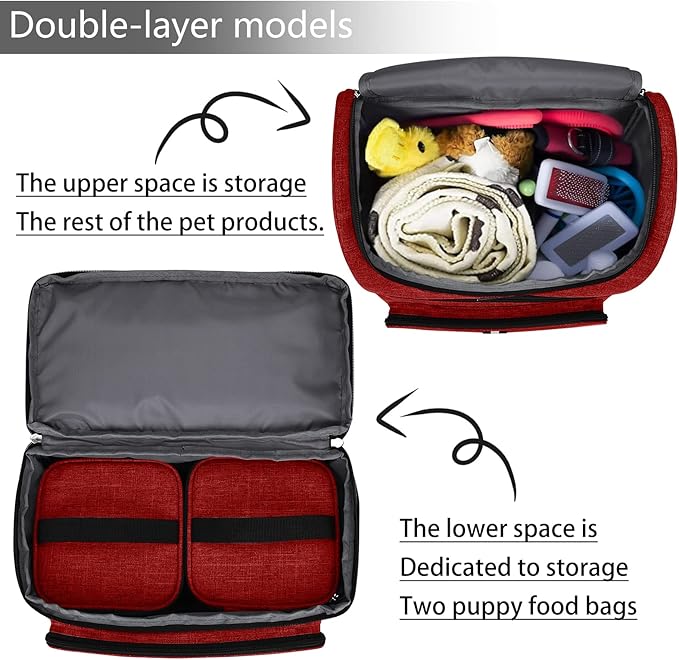 BAGLHER Pet Travel Bag, Double-Layer Pet Supplies Backpack (for All Pet Travel Supplies), Pet Travel Backpack with 2 Silicone Collapsible Bowls and 2 Food Baskets Red-PawvioPets