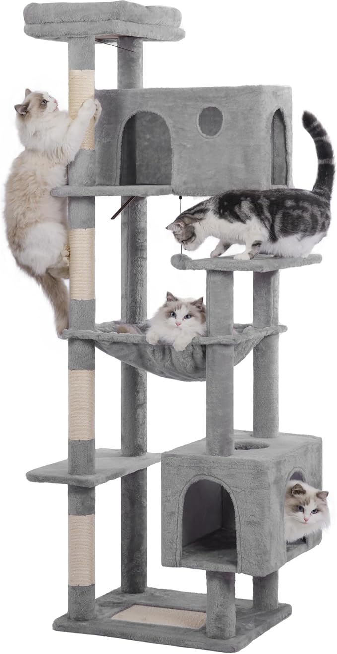 72” Cat Tree for Large Cats Big Cat Tower with Enlarged Hammock 21.6x17.7” Spacious Cats Condo House and Roomy Top Bed and Multiple Scratch Posts for Indoor Adult Cats (Grey, XLarge-72)-PawvioPets