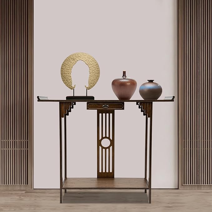 Console Table with Storage Shelves, 2 Tiers L 40.1” Narrow Sofa Table with Drawers, Bamboo Entryway Table for Small Spaces, Living Room Hallway Foyer Corridor Wood Entry Table-PawvioPets