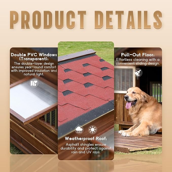 Extra Large Dog House Outdoor Made of Solid Pine Wood, Warm Doghouse, Dog House with Elevated Floor for Medium Dogs, (Wood, L)-PawvioPets