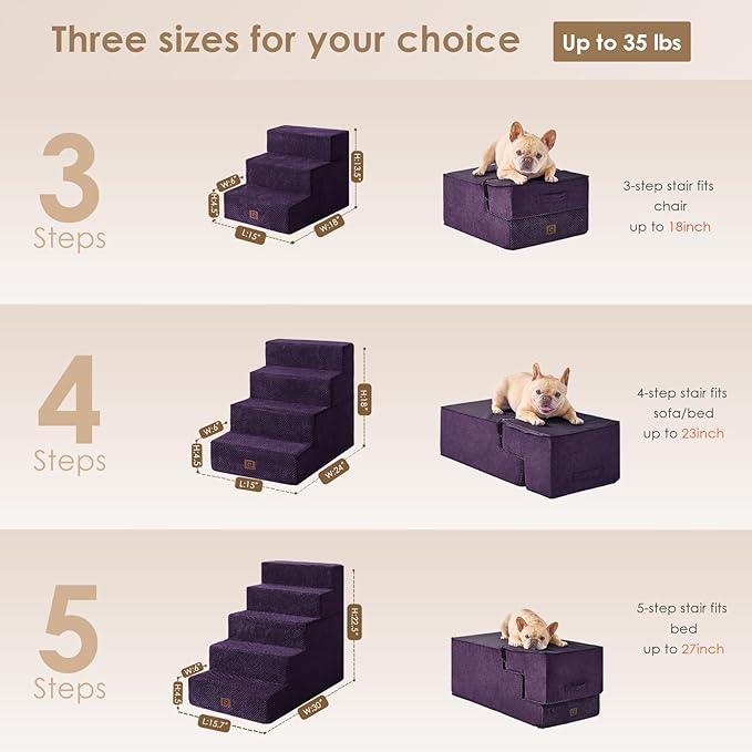 EHEYCIGA Dog Stairs for High Bed 22.5" H, 5-Step Dog Steps for Bed, Pet Steps for Small Dogs and Cats, Non-Slip Balanced Pet Ramp Indoor, Purple-PawvioPets