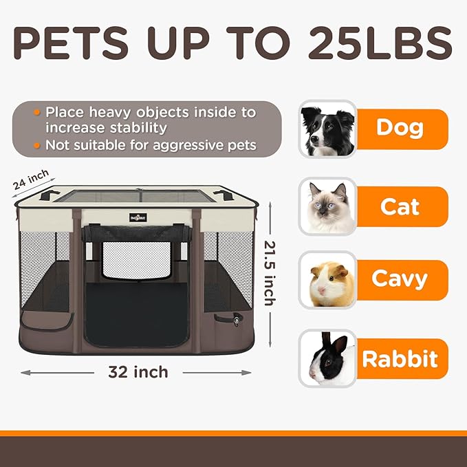 Foldable Pet Kitten Playpen, Upgrade Waterproof Portable Cat Dog Playpen Kennel Tent for Small Dog Cat, Removable Shade Cover, Indoor Outdoor Use for Small Pet, Brown-PawvioPets