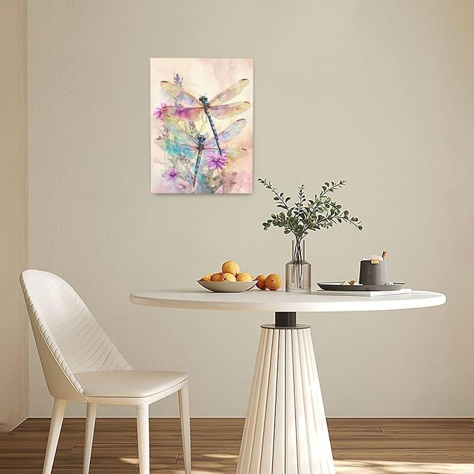Dragonfly Bathroom Pictures Wall Art, Floral Bathroom Wall Decor, Framed Painting Canvas Artwork for Bedroom Living Room Decorations 16"L x 12"W-PawvioPets