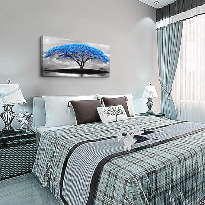 canvas wall art for living room bathroom Wall Decor Black and white landscape Blue tree moon painting to Hang Home Decorations for office bedroom kitchen Works canvas Prints pictures 24" x 48"inch-PawvioPets