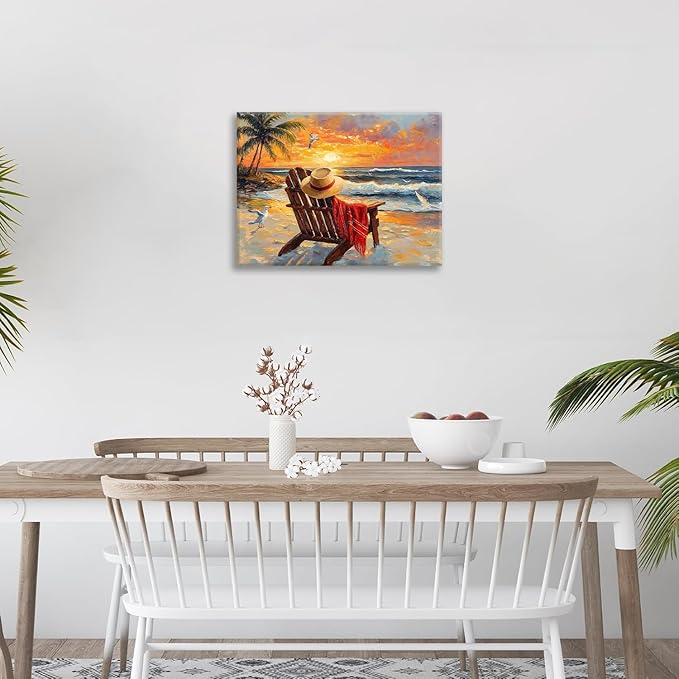 Beach Coastal Bathroom Pictures Wall Art, Seaside Ocean Bathroom Wall Decor, Sunrise Palm Framed Painting Canvas Artwork for Bedroom Living Room Decorations 20"L x 16"W-PawvioPets